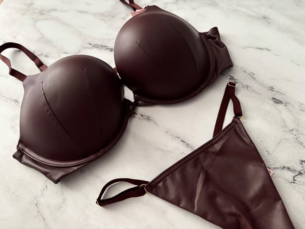 Victoria's Secret Brown Faux Leather Bombshell Bra V String Panty Set 36D / XL